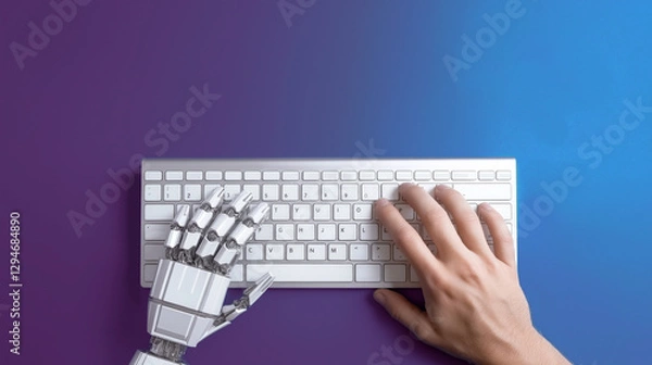 Fototapeta A humanoid robot AI agent working together with a human at a computer keyboard symbolizng agentic autonomy and the future of work with an assistant copilot bot for the automation of jobs