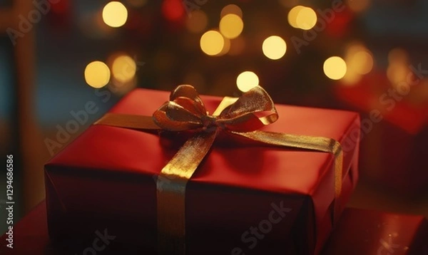 Fototapeta Luxurious holiday gift wrapped in sleek red paper and tied with a golden satin ribbon, illuminated by soft warm light creating an elegant and festive feel