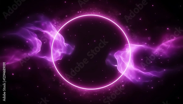 Fototapeta Glowing Neon Purple Energy Ring in Space with Cosmic Nebula