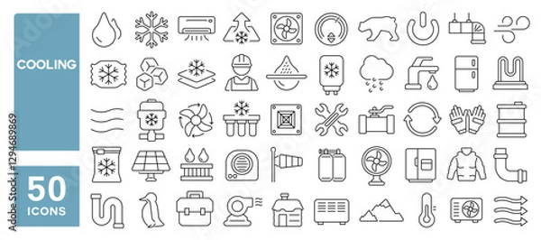 Fototapeta Set of 50 line icons related to cooling, cool, fridge, freezer, airflow, snow, cold, ventilation, breeze, vent, unit, snowflake, Editable stroke. Vector illustration
