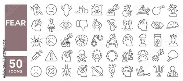 Fototapeta Set of 50 line icons related to fear, afraid, pressure, stress, apathy, anxiety, sadness, upset, depression, disorder, panic, unhappy, dizzy, frustration, Editable stroke. Vector illustration