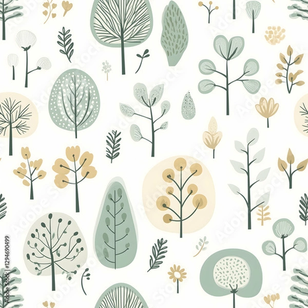 Fototapeta Delightful seamless pattern of whimsical trees and foliage in soft pastel shades celebrates nature's beauty. Seamless pattern. Generative AI
