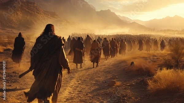 Fototapeta A group of people walking in desert. Exodus is the first time that moses has crossed the border. A group of israelites escape from the desert. A crowd of individuals strolling through the lifestyle.