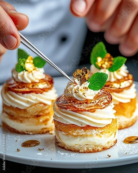 Obraz patisserie, food photography, luxury dining, Michelin Star Dessert, A Photograph of a pastry chef plating a stunning gourmet dessert on white porcelain, placing final touches with precision tweezers.