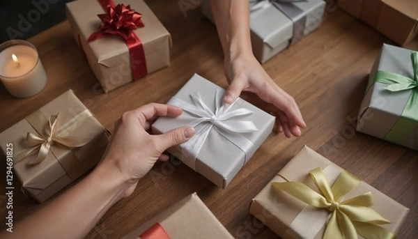 Fototapeta Different boxes tied with ribbons with gifts on the table. 