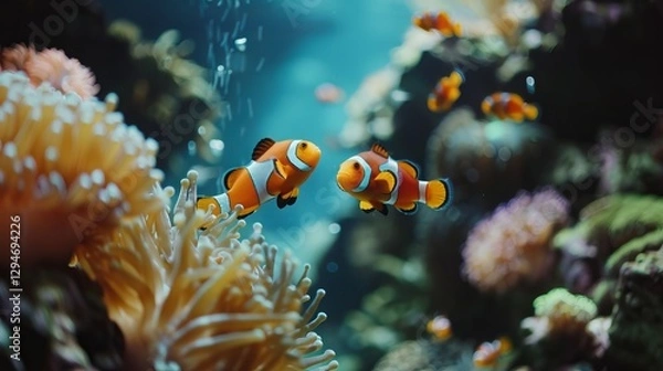 Fototapeta Two colorful clownfish swim happily in their clear tank, making the ocean world come alive.
