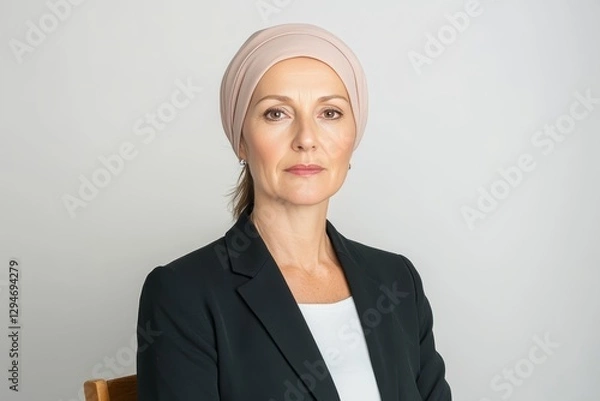 Fototapeta Professional woman in a beige hijab wearing a dark blazer sitting confidently