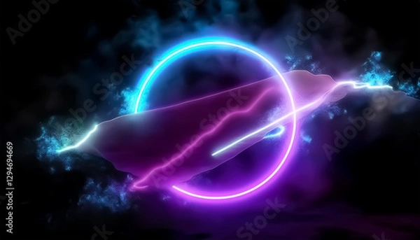 Fototapeta Vibrant Neon Circle with Flowing Fabric and Colorful Smoke