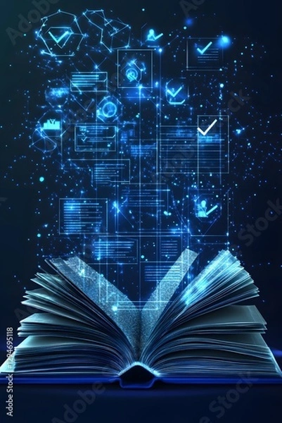Obraz Open Book with Glowing Digital Data and Checkmarks