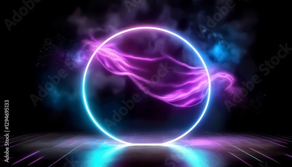 Fototapeta Vibrant Neon Circle with Flowing Fabric and Colorful Smoke