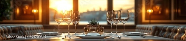 Fototapeta Elegant Dining Table with Glassware in the Soft Glow of Sunset. Generative AI