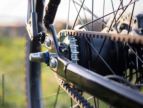 Fototapeta Belt drive on a bicycle. Carbon rubber belt and the sprocket at the rear wheel. Close-up of the components on the cycle. High quality sport equipment.