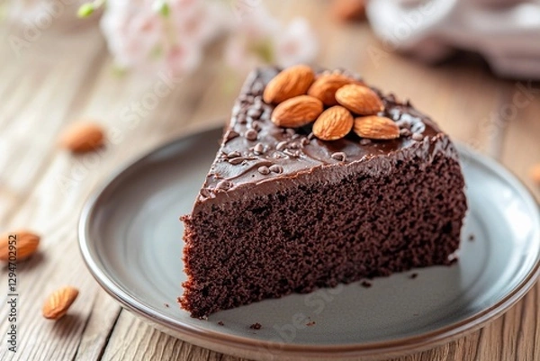 Fototapeta A slice of moist chocolate cake sits on a simple gray plate, topped with whole almonds. The inviting dessert is surrounded by wooden textures and delicate floral accents