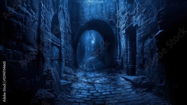 Fototapeta Dark and Mysterious Alleyway with Cobblestones and Soft Light