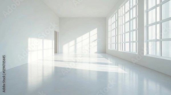 Fototapeta Bright and airy modern interior with large windows casting soft shadows.