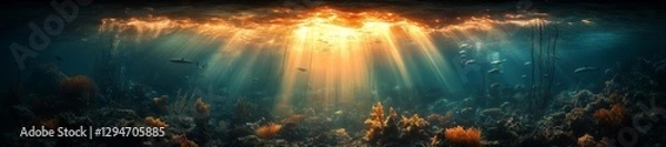 Fototapeta A serene underwater view with sunbeams illuminating coral and sea life. Generative AI