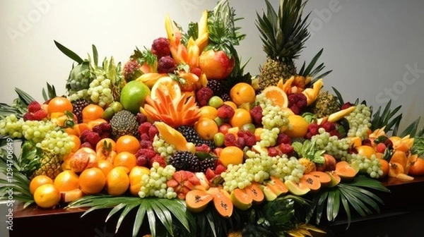 Fototapeta Vibrant display of assorted tropical fruits showcasing a colorful arrangement and intricate carvings.