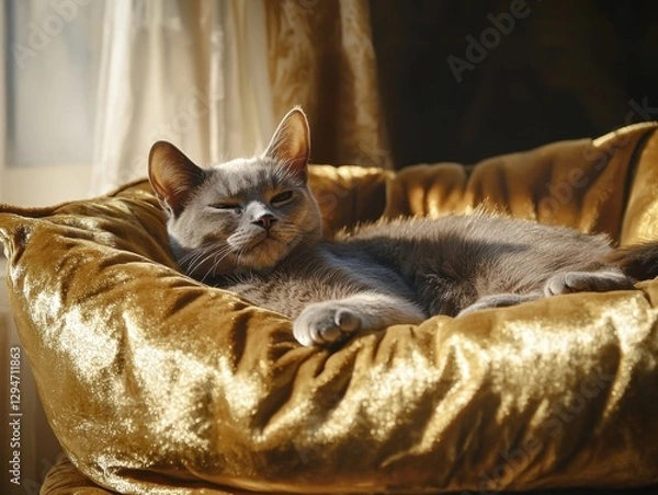 Fototapeta Elegant cat lounging on a luxurious golden velvet bed in a sunlit room
