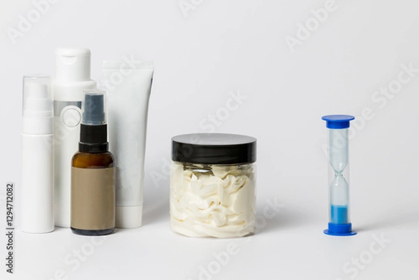 Fototapeta Cosmetic tubes, jars and sprays on a white background. Ideal for presentations of cosmetics and skin care products