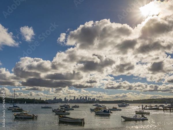 Fototapeta Panoramic views of Sydney boats at sunset with clouds