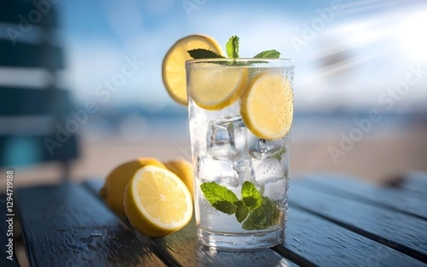Fototapeta Refreshing summer drink with lemon and mint on a sunny beach. Perfect for a hot day!