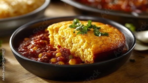 Fototapeta Warm slice of cornbread served chili or barbecue for a Southern touch