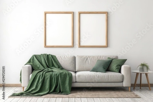 Obraz Elegant Modern Living Room with Neutral Tones, Cozy Fabrics, and Empty Frames