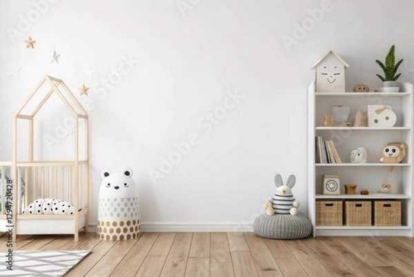 Fototapeta Charming Minimalist Nursery Design Featuring Cozy Wood Crib and Playful Accessories for Children