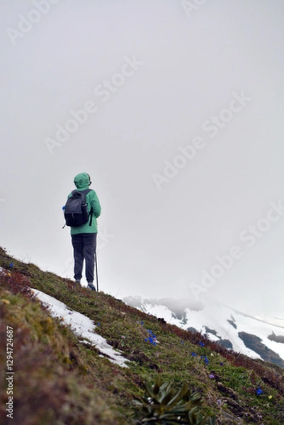 Fototapeta A girl in a green jacket stands in the fog and looks down from a high mountain