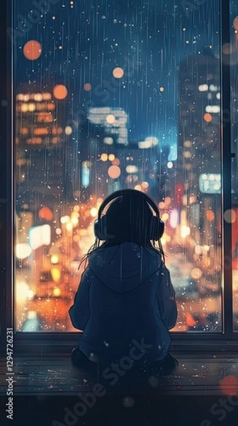 Obraz LoFi-themed vertical artwork of a young woman wearing headphones, sitting in front of a rain-covered window, lost in thought as she gazes at the illuminated city skyline, creating a cozy vibe.