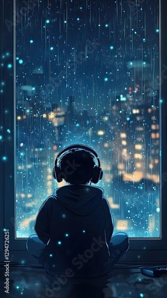 Obraz LoFi-themed vertical artwork of a young woman wearing headphones, sitting in front of a rain-covered window, lost in thought as she gazes at the illuminated city skyline, creating a cozy vibe.