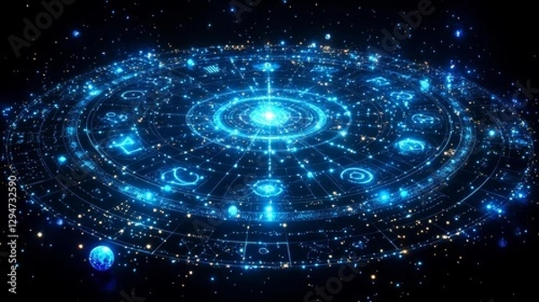 Fototapeta A Glowing Astrological Wheel Surrounded by Stars and Planets. Generative AI