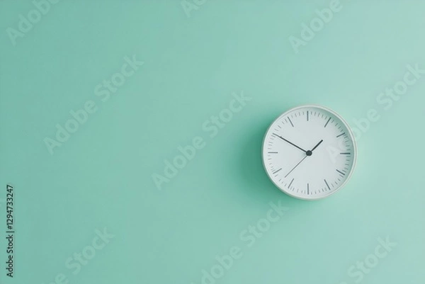 Fototapeta Minimalist clock on teal wall, time management concept