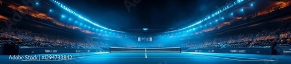Fototapeta Vibrant futuristic tennis arena with blue lighting effects enhancing the court view. Generative AI
