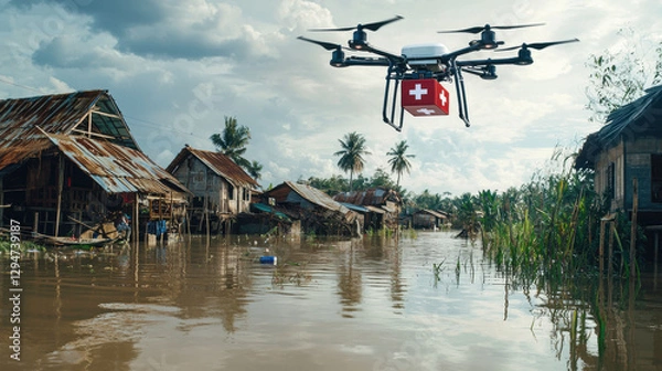 Fototapeta medical drone hovering above a flooded village, carrying a red cross-marked box to provide urgent supplies, disaster relief in action