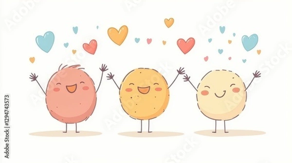 Fototapeta Three Cheerful Round Characters Celebrating with Hearts