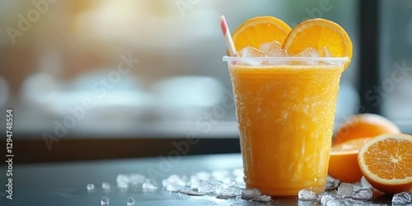 Obraz Refreshing orange juice in a clear cup with ice and fresh oranges on a dark table near a window