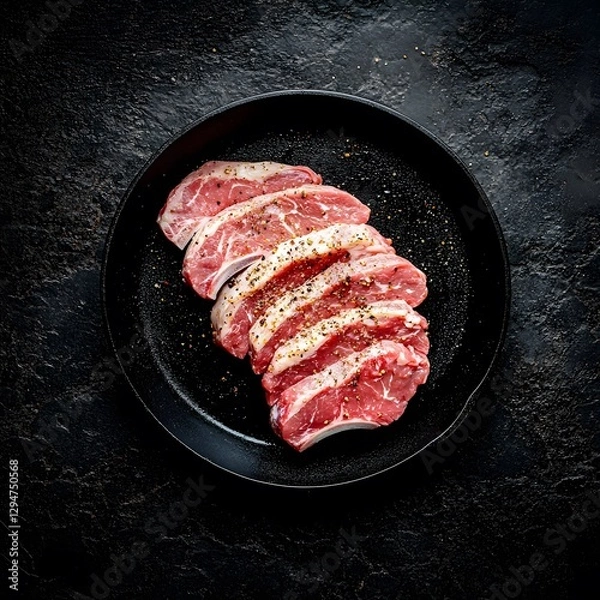 Obraz Raw Lamb Chops Sliced Seasoned in Cast Iron Pan