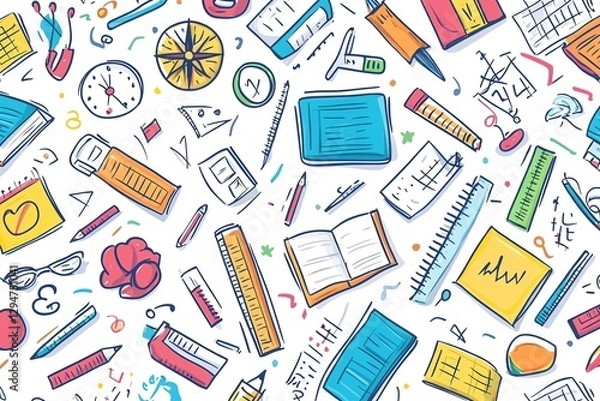 Obraz Playful back to school doodle seamless pattern, colorful handdrawn elements like rulers, compasses, sticky notes, and books, vector art, lively and fun