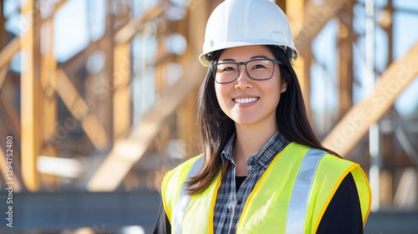 Fototapeta Female Engineer at Construction Site in Safety Gear