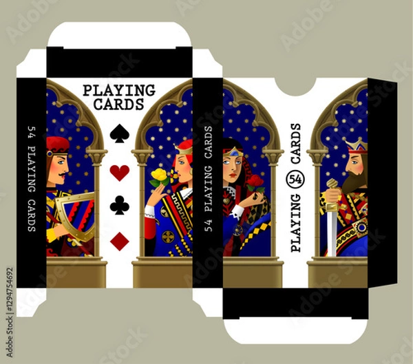 Fototapeta Playing card box template with characters in colorful historical costumes and gothic frames and suit symbols on white background. Vector illustration in 3D style