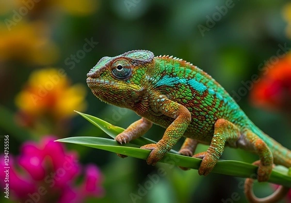 Fototapeta Chameleon Resting on Green Leaf with Colorful Flower Background