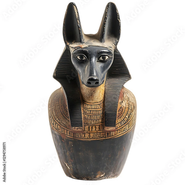 Obraz An ancient Egyptian canopic jar shaped like Anubis, perfectly preserved, isolated on a white background.