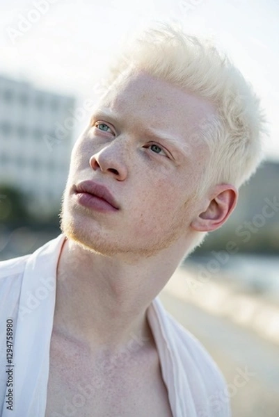Obraz A beautiful young man with albinism, featuring fair skin, white hair, and delicate features. He looks confident and serene, with soft natural lighting highlighting her unique beauty