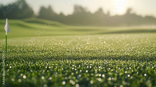 Fototapeta A close-up view of a lush golf course with neatly trimmed grass a flag marking the hole and morning dew sparkling in the sunlight.