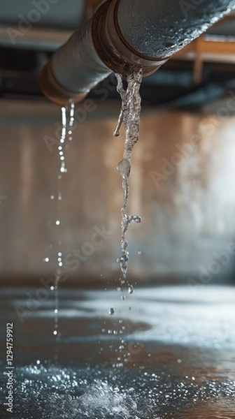 Fototapeta Water leaking from a rusted broken pipe in a basement, dripping onto the floor, urgent repairs