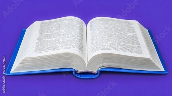 Fototapeta Open book on a vibrant purple background, showcasing detailed text for educational purposes