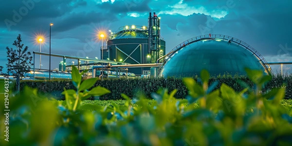 Fototapeta A large-scale anaerobic digestion plant with pipelines transporting biomethane, visually representing the circular economy in renewable energy.