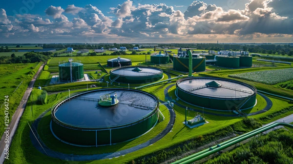Fototapeta A large-scale anaerobic digestion plant with pipelines transporting biomethane, visually representing the circular economy in renewable energy.