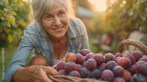 Fototapeta Woman with a basket of plums in an orchard.